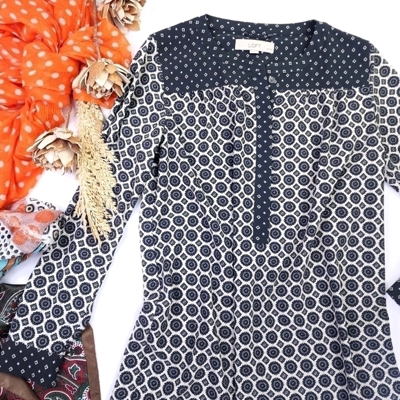 Loft Charcoal Cream Dress  Small Petite - Picture 3 of 13